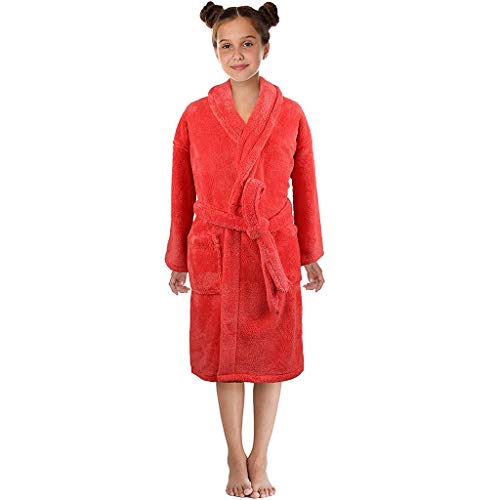 Kids Soft Fleece Bathrobe Unisex Girls Boys Plush Flannel Kimino Robe Sleepwear Toddler Cozy Pajamas Nightgowns (Red, 6-8 Years)