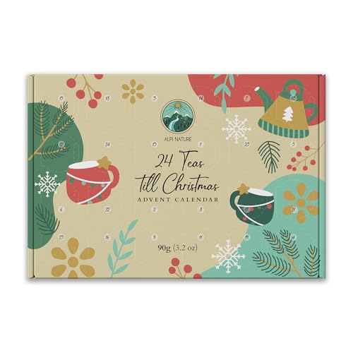 Alpi Nature Calendario de Adviento de Té 2025, Set de Regalo de Té Navideño, Calendario Navideño 2025, Selección de 24 Tés Negros, Verdes, de Frutas y de Hierbas, 24 Tarros