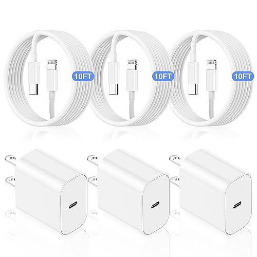 3Pack 10ft iPhone Charger Fast Charging, Wall Charger Block Plug and Long USB C to Lightning Cable Cord, Type C Charging Cube Adapter Brick for Apple iPhone 14 Pro Max/13 Pro/12 Mini/11 Pro/iPad/XS/XR