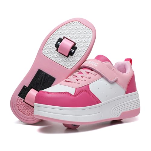 HSQ Zapatos de patinaje para niñas y niños, desmontables, con ruedas, 2 en 1, tenis de patinaje con ruedas, tenis de moda para edades de 5 a 8, 8 a 12 años, color rosa y blanco, talla de niño grande 7