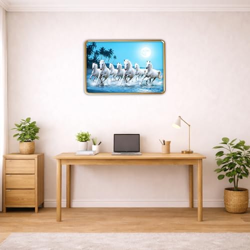 Image of XOPY Seven Running Horses with Golden Frame | Vastu 7 horses Raw Pyrite Painting for Home, Office & Living Room Wall Decore | 12X18 Inch Sparkle Laminated Frame | Best For Gifting (53306, 12X18)