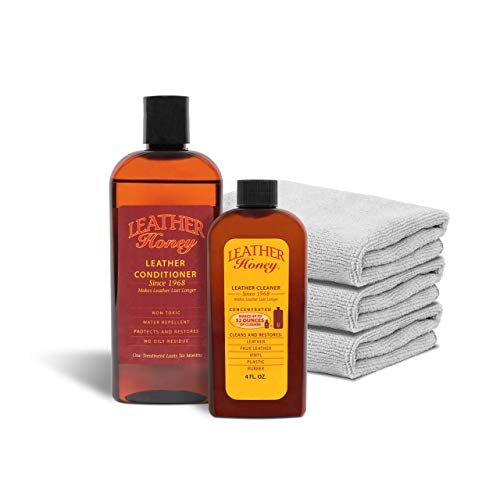 Leather Honey Leather Conditioner & Cleaning Kit for use on Leather Apparel, Furniture, Auto Interiors, Shoes, Bags and Accessories. Conditioner, Cleaner and 3 Lint-Free Cloths.