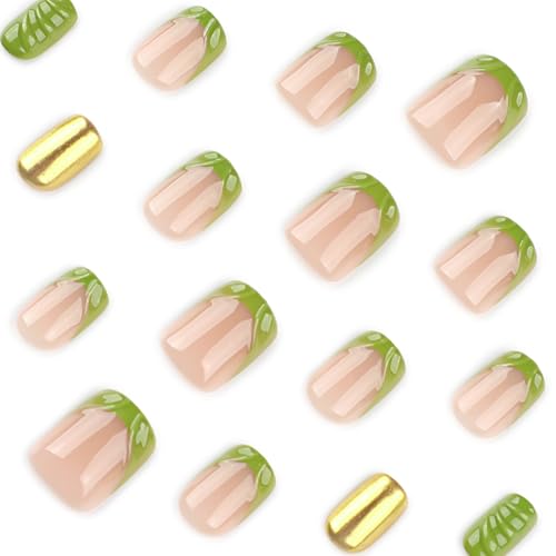 Image of Green Press on Nails French Tip Fake Nails Chrome Glue on Nail Water Ripple False Nail with Design Glossy Full Cover Artificial Acrylic Short Square Stick on Nails for Women Girls Manicure 24Pcs
