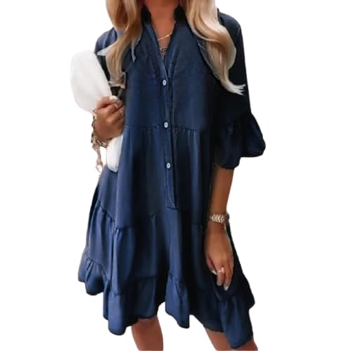 Vestido Denim de Algodón Lavado - Cuello V con Volantes para Playa y Brunch | Vestido Ligero de Media Manga Mujer (Navy Blue,S)