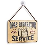 Blechschild OPAS REPARATUR SERVICE 18x12cm - Lustiges Werkstatt Metallschild Vintage - Retro Werkzeugkiste Wanddeko mit Kordel & Saugnapf - Opa Geschenk für Hobby-Handwerker