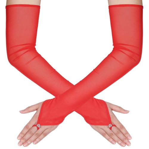 zeasciosd Women's Long Fingerless Sheer Gloves Tulle Mesh Gloves for Wedding Bridal Opera Party Halloween Costume Red