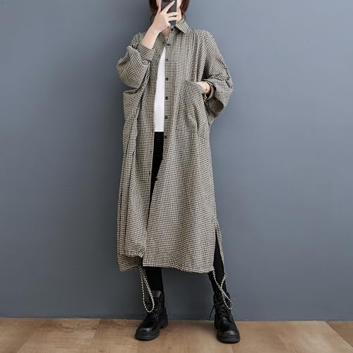 ellazhu Women's Casual Long Sleeve Button Down Loose Plaid Cotton Bat Sleeve Maxi Shirt Dress GA2710 A3