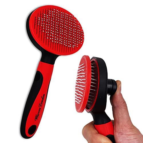 Warren London Cat De-Tangling Pin Brush For Grooming & Shedding | Self Cleaning Slicker Brush with Push Button Ergonomic Grip | Kitten & Cat Deshedding Brush