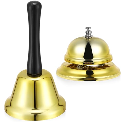OSALADI Juego de 2 Campanas de Mesa Metálicas Doradas Timbre de Llamada Manual y Timbre de Agitación para Restaurante Hotel y Aula Suministro para Servicio y Mostrador