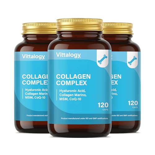 VITTALOGY Collagen Complex Suplemento Natural de Colágeno Hidrolizado Marino con Ácido Hialurónico, Magnesio, Coenzima Q10 y Vitaminas A, B12, C y D. Colágeno para Articulaciones y Piel. 360 Cápsulas