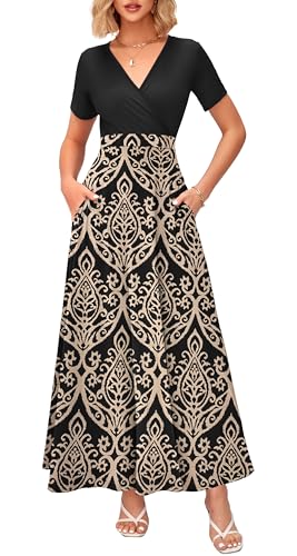 Image of WNEEDU Women's Summer Maxi Dress Short Sleeves Wrap V Neck Long Dresses with Pockets