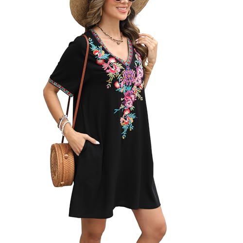 Image of Grosy Fiesta Embroidered Mexican Dress for Women Beach Vacation Plus Size Short Sleeve Summer Boho Dresses with Pocket