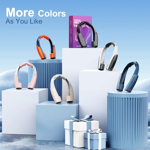 Image of AI Portable Neck Fan with 6 Powerful Speeds, 8000mAh Battery Operated USB-C Rechargeable Fan, Hands-Free 360 Cooling Neck Fan,Ultra-Quiet Personal Fan for Women Men Office Travel(Orange-Blue)
