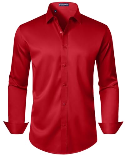 Red Mens Dress Shirts Long Sleeve Stretch Wrinkle Free Wedding Formal Business Button Down Shirt Large