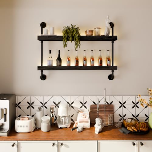 Image of Bar Shelves, Wall Mounted Wine Rack, Black, 36 Inch | 2 Tier, Industrial, Solid pine shelves, black pipe brackets, 40 lbs per shelf, wine, liquor, bar decor, with LED light