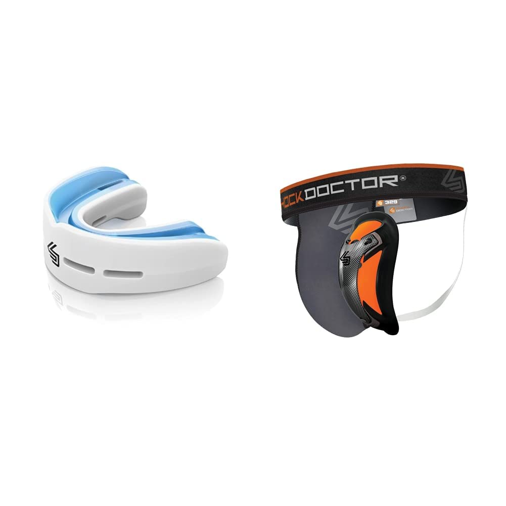 Shock Doctor Nano Double Fight Protège-Dents Mixte Adulte, Blanc & ShockDoctor Coquille de Protection avec Ultra Carbon Flex Cup pour Hommes, Gris/Noir, Taille XXL