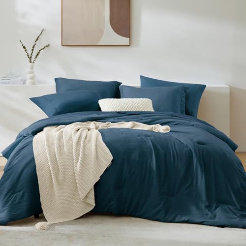 Image of Queen Comforter Set-7 Pieces Soft Prewashed Bed in a Bag Queen Bedding Sets | All Season Comforter with Sheets, Pillow Shams & Pillowcases,Blue