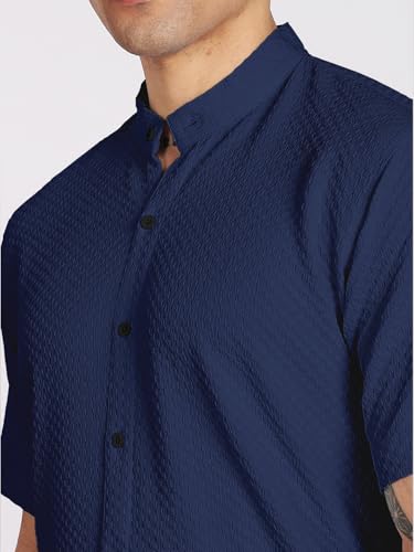 Image of Men's Regular Fit Solid Casual Shirt - Short Sleeve, Mandarin Collar, Lightweight Polyester, Stylish Everyday Wear