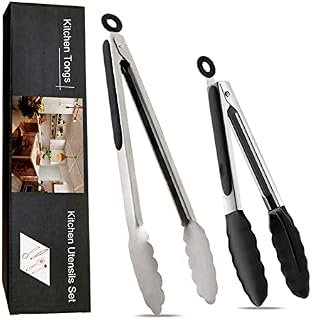 JEEYOO Premium Cooking Tongs Set of 2, 9/12 inches Kitchen Tongs,Stainless Steel with 600ºF High Heat-Resistant ,Silicone Rubber Grips Kitchen Locking Tong for Grill,Salad,BBQ,Frying,Baking,Serving