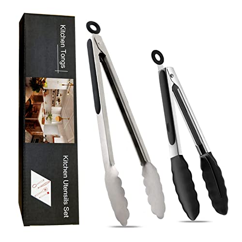 JEEYOO Grillzange - Küchenzange Set 2, 35cm Edelstahllaffen Grillzange und 26cm Silikon Kochzange, Hitzebeständigem Silikongriff Verriegelbare Metallzange, Servieren, Grillen, Buffet, Salat, Eis Ofen Cover
