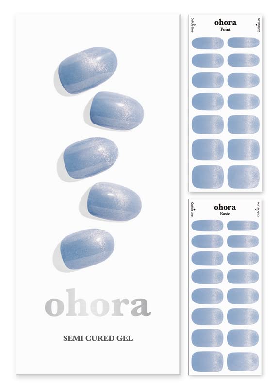 ohora Semi Cured Gel Nail Strips (N Horizon) - Blue, Glitter, Works with Any UV/LED Nail Lamps, Salon-Quality, Long Lasting, Easy to Apply & Remove - Includes 2 Prep Pads, Nail File & Wooden Stick