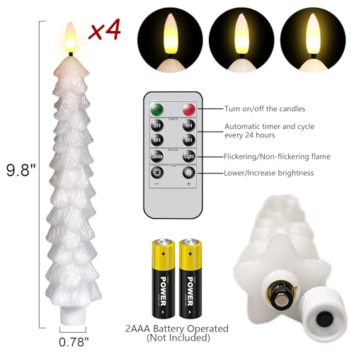 Image of Christmas Tree Candles with Remote Timer, 4 Pcs Waxy Flameless Taper Candles Flickering, Battery Operated LED Candlesticks with 3D Flame Wick, White Window Candle for Christmas Decorations