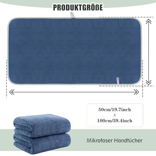 KinHwa 2er Pack Mikrofaser Handtuch, Mikrofaser Handtuch Haare, Flauschiges Mikrofaser Badetuch, Microfaser Handtücher für die Haare,Weich &Saugstark Duschtücher 50x100cm, Blau