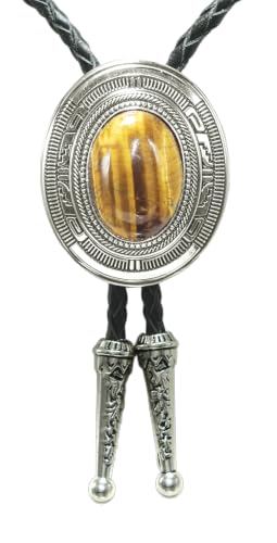 Image of Moranse Bolo Tie with Natural Tiger Eye Stone Celtic Style Genuine and Cowhide Rope