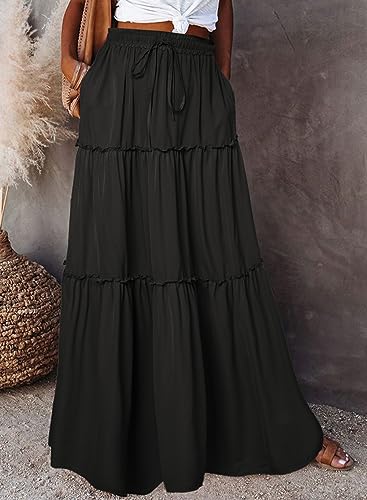 Image of Happy Sailed Womens Floral Print Boho Maxi Skirt Elastic High Waist Pleated Ruffle Flowy Long Skirts S-XL