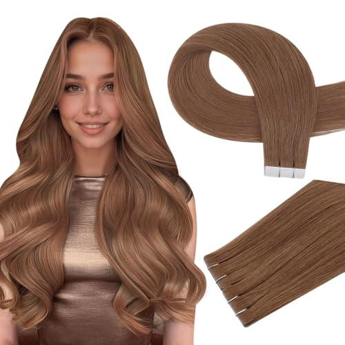 Image of Full Shine Tape in Hair Extensions Human Hair Color 330 Orange Unprocessed Human Hair Tape in Extensions 12.5G 5Pcs 22 Inch Seamless Invisible Brazilian Extension for Wedding