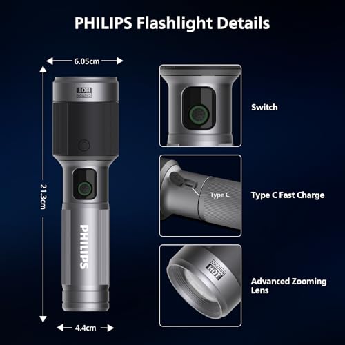 Image of PHILIPS Emergency Light Rechargeable, 60W Handheld Torch Light, 2300 Lumens Super Bright Emergency Lantern, 4500mAh Battery, 850M Coverage, Telescopic Zoom, Aircraft Aluminum Body, Flashlight