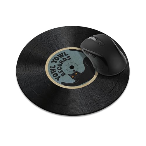 Non-Slip Round Mousepad, WIRESTER Black Cat Yowl Yowl Records Mouse Pad for Home, Office and Gaming Desk