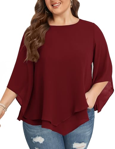 Hanna Nikole Blusa de mujer de tallas grandes, de gasa, mangas 3/4, camisa de doble capa, elegante, holgada, camiseta larga, rojo oscuro, 54 Grande