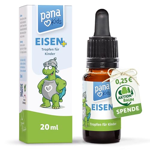 PanaKids Eisen+ Tropfen für Kinder ab 4 Jahren mit Eisen Vitamin C & D3 für kognitive Entwicklung & Immunsystem vegan zuckerfrei Made in Germany 20 ml