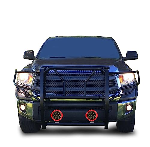 Image of Black Horse RUGGED Heavy Duty Grille Brush Bumper Guard Modular Black Come With pair of 7.0 inchDia.LED Lights with Red Trim Rings Compatible with 2007-2020 Tundra|2008-2022 Sequoia-RU-TOTU07-B-PLR