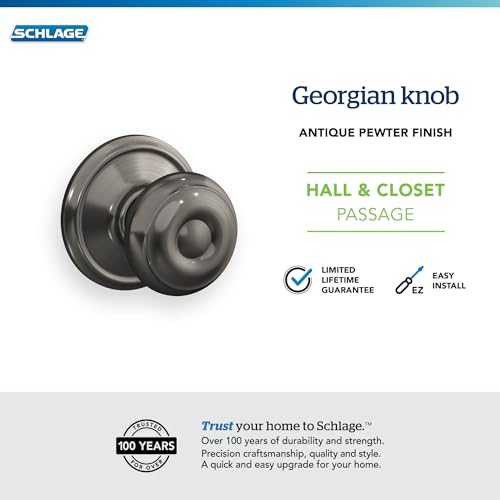 Image of Schlage F10 GEO 620 Georgian Door Knob, Hall & Closet Passage Lock, Antique Pewter