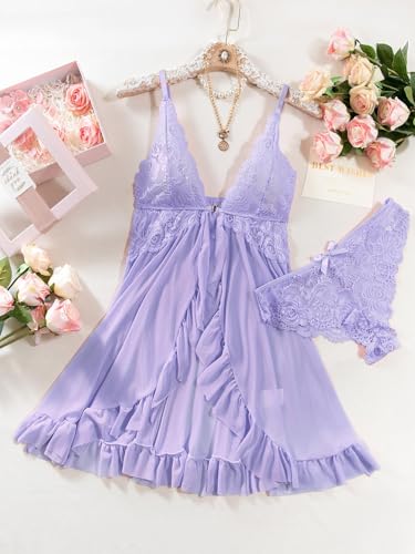 Image of Foxiny Sexy Open Front V Neck Ruffle Sheer Mesh Lace Wireless Babydoll Lingerie Dress with Thong 2 Piece