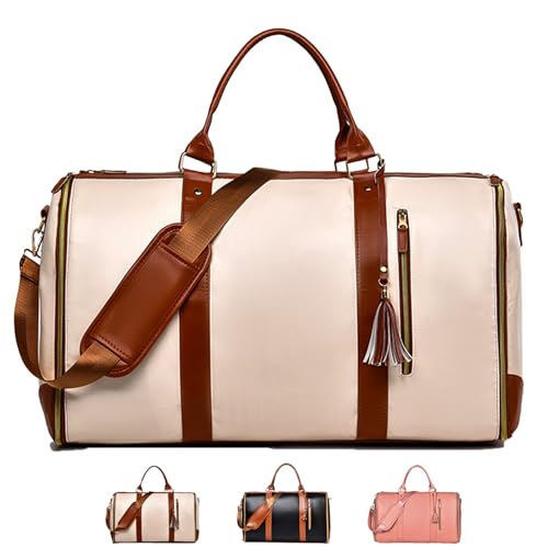 Styleushaven Foldable Travel Bag 2.0, Couvelli Travel Bag with Wheels, Multifunctional PU Leather Duffel Bagfoldable Travels Bag 2.0 with Wheel, with Detachable Wheels and Shoulder Strap (A Beige)