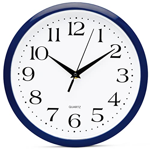 Image of Bernhard Products Navy Wall Clock Silent Non Ticking - 10 Inch Quality Quartz Battery Operated Round Easy to Read Home /Kitchen /Office /Classroom /School Clock