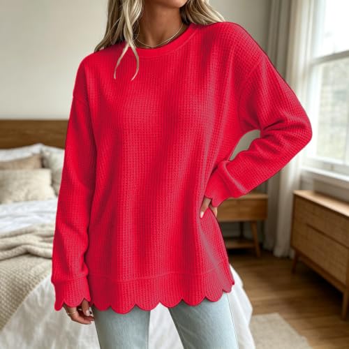Womens Scalloped Top Waffle Knit Top Long Sleeve Crewneck Pullover Blouse - image 3