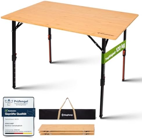 KingCamp Campingtisch Bambus Klapptisch Höhenverstellbar (42-70cm) Camping Tisch Faltbar Tragbar & Klappbar 120kg Belastbarkeit – Robuster Faltischer für Camping, Garten, Balkon &