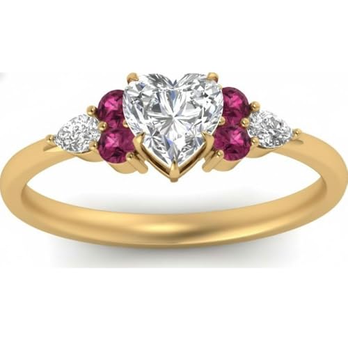 Image of Choose Your Color Heart Shape Accented 14k Yellow Gold Plated Engagement Ring Side Stone Daily Wear Chakra Healing Party Wear Birthstone Engagement Rings : US Size 4 to 12