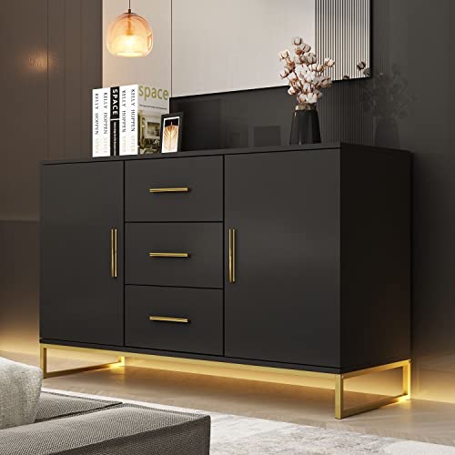 Didugo Modern Sideboards And Buffets With Storage, Sideboard Buffet Storage Cabinet With Gold Metal Frame, For Kitchen Black (47.2”W X 15.7”D X 29.3”H) #TOP2