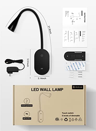 Image of Black Wall Reading Light for Bed, USB Bed Lamp, 5 Brightness Touch Control | Focused bedside lighting with flexible adjustment for comfortable night reading without disturbing others nearby.