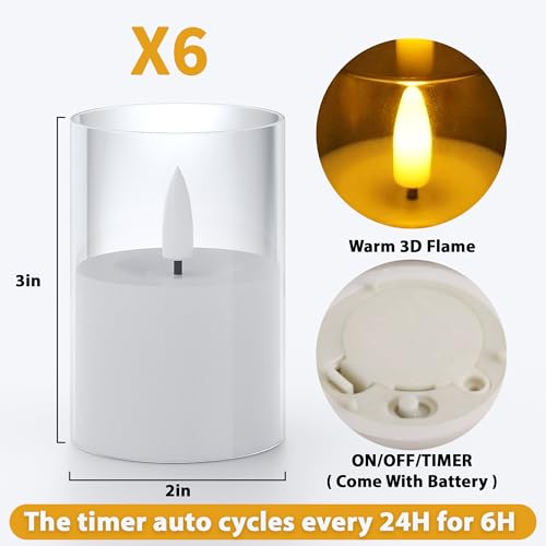 Image of VIODAIM 6Pack Flickering Flameless LED Candles with Timer, Battery Powered - Small Pillar & Votive, Clear (2 inchX3 inch) | Small Pillar & Votive Candle with Realistic Flickering Warm Glow for Centerpieces, Wedding Tables, Holiday, and Home Decor