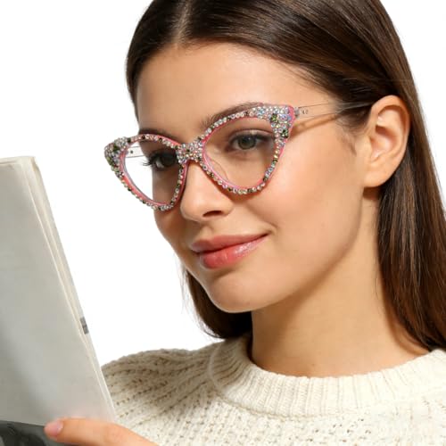 Image of ICARA Bling Rhinestone Cat Eye Reading Glasses for Women - Blue Light Blocking Computer Readers Lightweight TR90 Frame