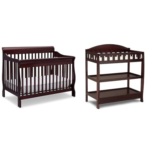 Image of Delta Children Canton 4-in-1 Convertible Crib - Easy to Assemble, Espresso Cherry & Infant Changing Table with Pad, Espresso Cherry