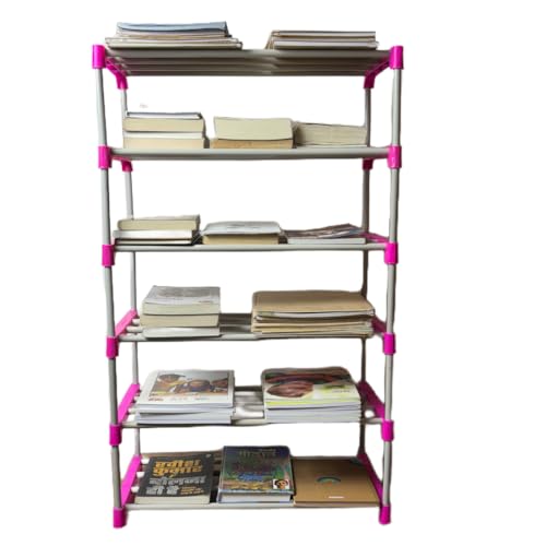Image of 6 Shelves Layer Modern Simple Home Library, Book Stand Book Shelf with Storage Display Rack Open Bookcase Showcase Stand Book Rack for Study Room (Pink)