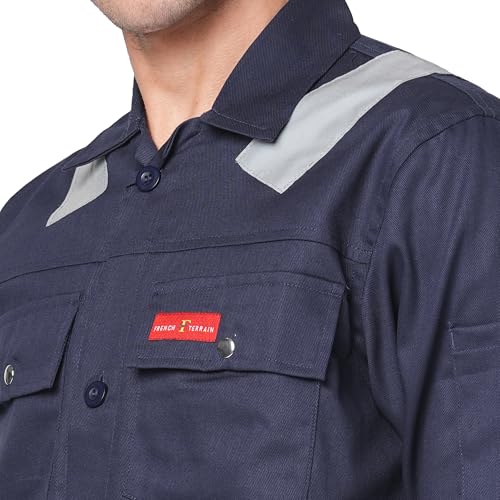 Image of Men's 100% Cotton Industrial Workwear Jacket & Pant Set with Reflective Tape, OEKOTEX, 200 GSM.