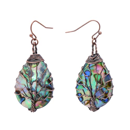 Teardrop Abalone Shell Dangle Earrings for Women, Bronze Wire Tree of Life